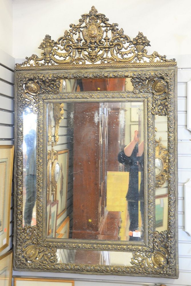 Appraisal: Large th Century Brass Embossed Mirror with mirrored frame x