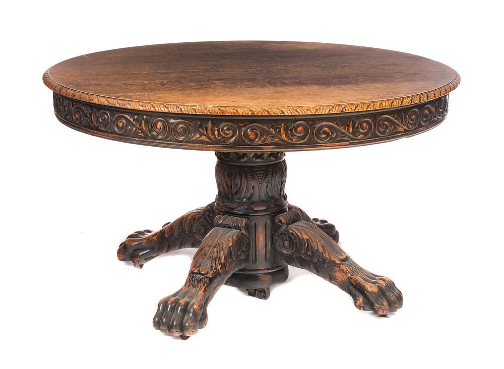 Appraisal: Highly Carved Horner Round Oak Dining Table Highly Carved Horner