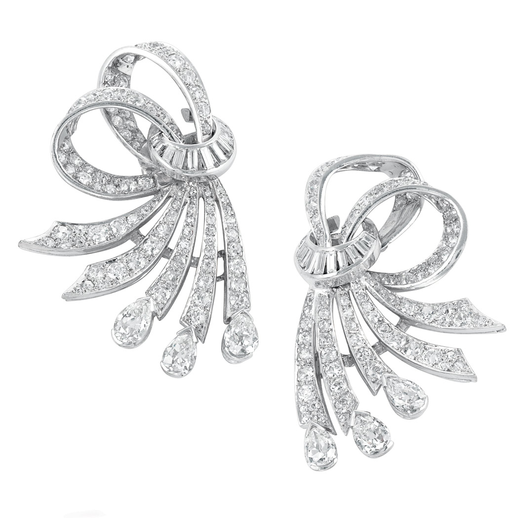 Appraisal: Pair of Platinum and Diamond Bow Clip-Brooches The looped ribbons