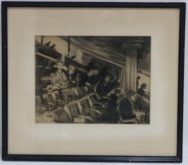 Appraisal: FRAMED AND GLAZED DRAWING DEPICTING SPECTATORS ATA THEATRE PERFORMANCE SIGNED