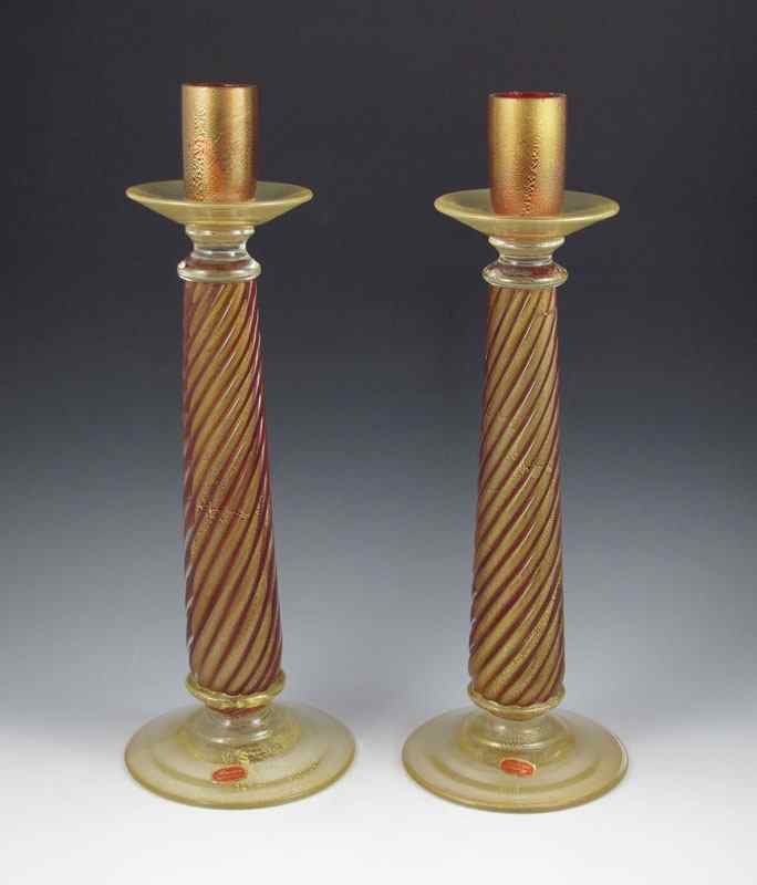 Appraisal: PAIR LARGE MURANO AVENTURINE CANDLESTICKS Red and clear glass with