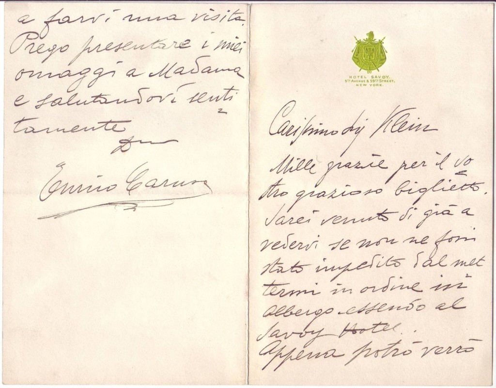 Appraisal: CARUSO ENRICO Autograph Letter Signed to Dearest Miss Klein in