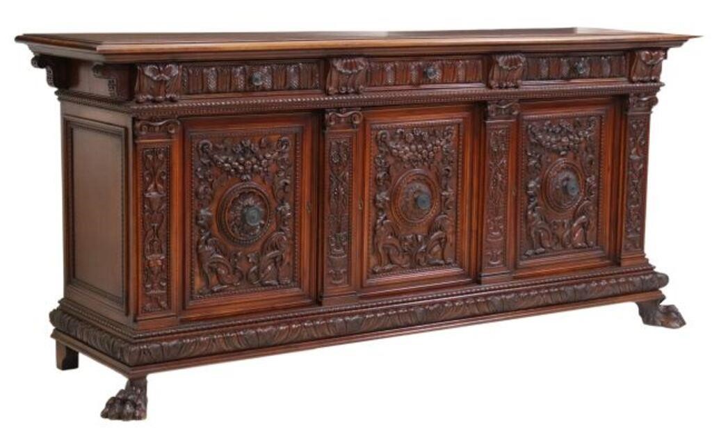 Appraisal: Italian Renaissance Revival carved walnut sideboard early th c having