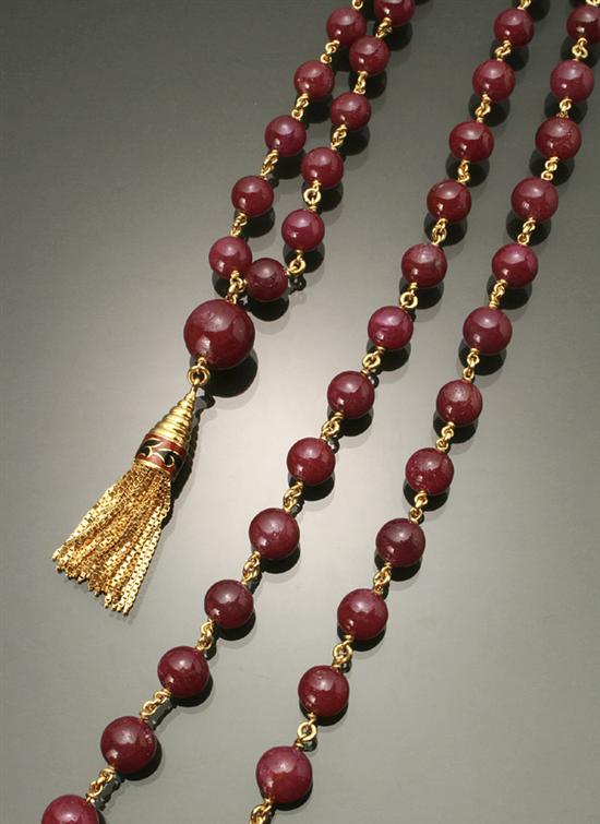 Appraisal: Opera Length -Karat Yellow-Gold Ruby and Enamel Necklace The continuous