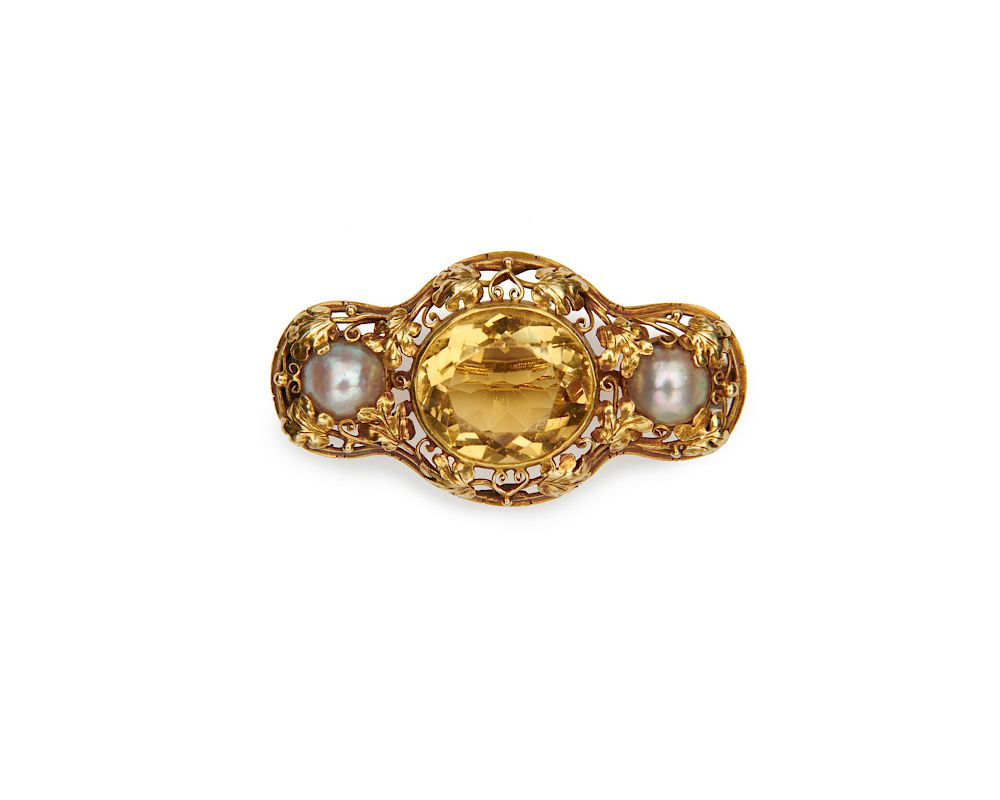 Appraisal: Attrb to EDWARD OAKES K Gold Citrine and Pearl Brooch