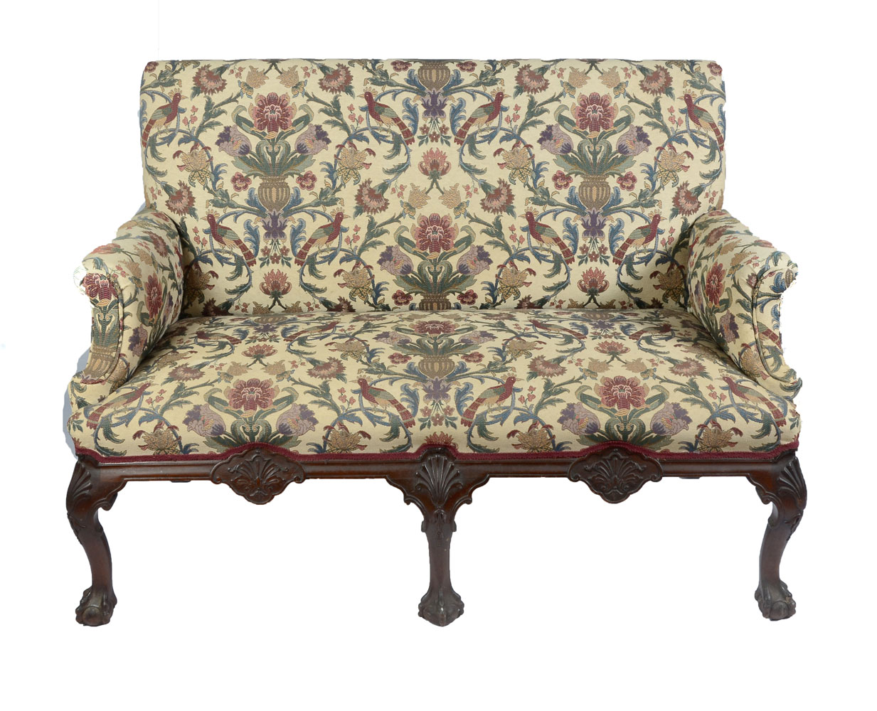 Appraisal: CHIPPENDALE LEG SETTEE legged Chippendale settee upholstered in an urn