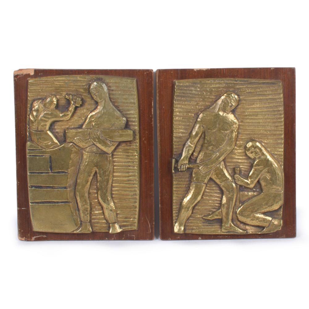 Appraisal: Pair WPA Era gilt bronze relief sculptures Industry scenes with