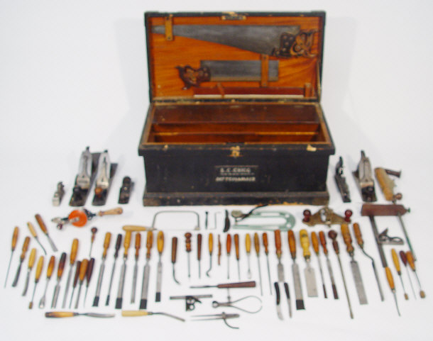 Appraisal: Violin maker's pine tool trunk and contents fitted with three