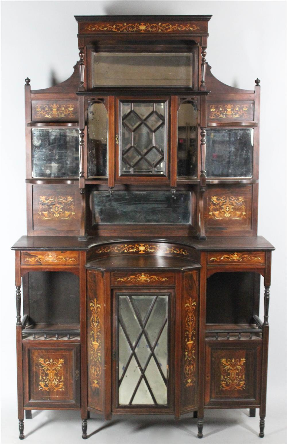 Appraisal: EDWARDIAN ROSEWOOD MARQUETRY MIRRORED ETAGERE early th Century the three