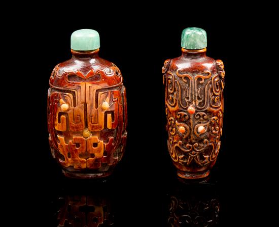 Appraisal: Sale Lot A Two Hardstone Snuff Bottles each carved with