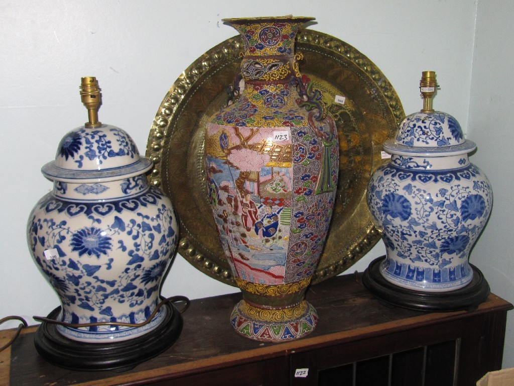 Appraisal: Pair of oriental blue and white ceramic table lamps Satsuma