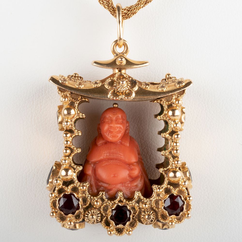 Appraisal: Italian k Gold Coral and Garnet Buddha Pendant Charm Italian