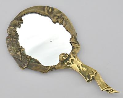 Appraisal: A Cast Bronze Hand Mirror with Pierrots and Crescent Moon