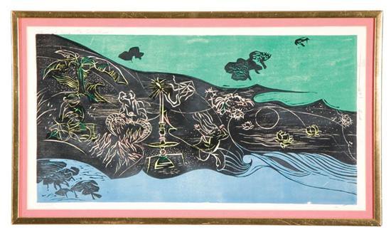 Appraisal: THE SACRED RIVER WOODBLOCK PRINT Asian th century Signed and