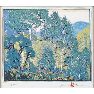 Appraisal: GUSTAVE BAUMANN American - Color woodblock print Aspens in original