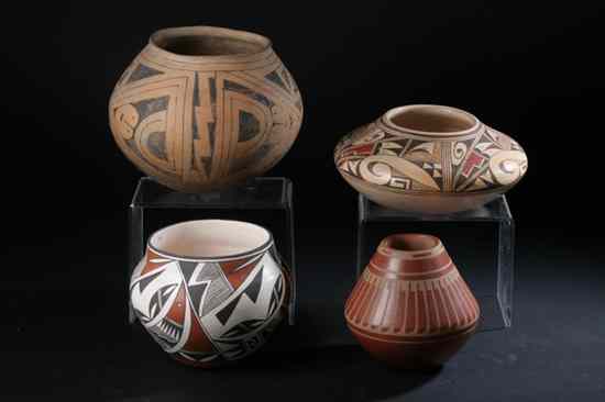 Appraisal: FOUR NATIVE AMERICAN CLAY POTS Including Acoma pueblo pot signed