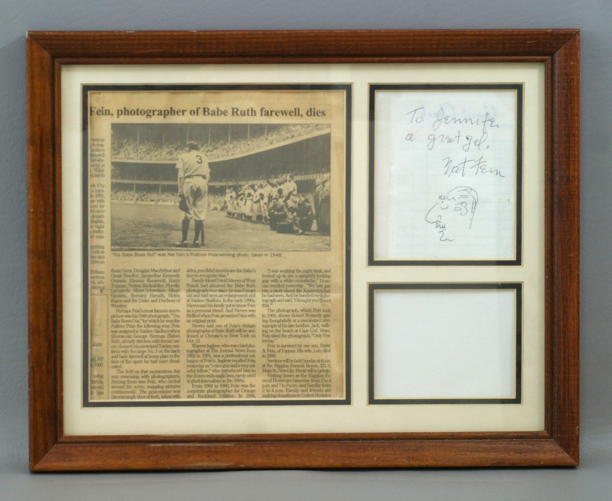 Appraisal: Nat Fein photographer of Babe Ruth an inscribed and signed