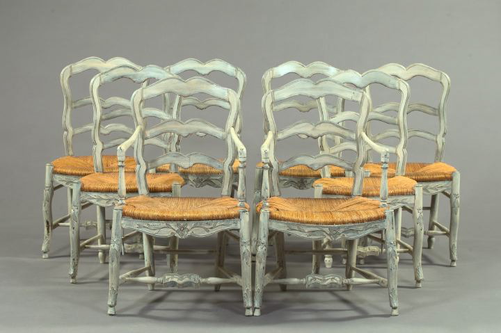 Appraisal: Suite of Eight French Provincial Polychromed Ladderback Dining Chairs consisting