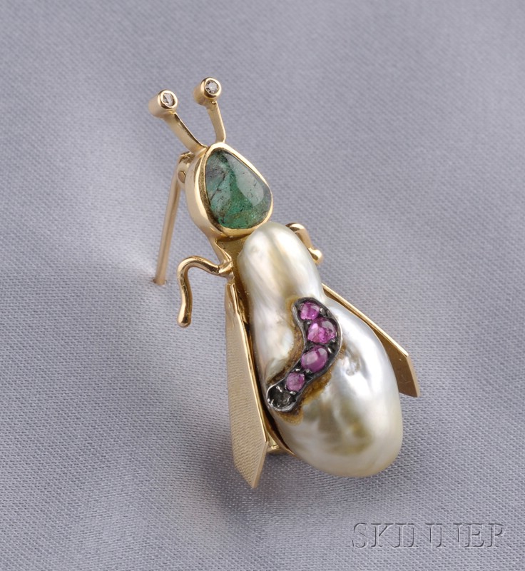 Appraisal: Gem-set Baroque Pearl Insect Brooch with emerald pebble head and