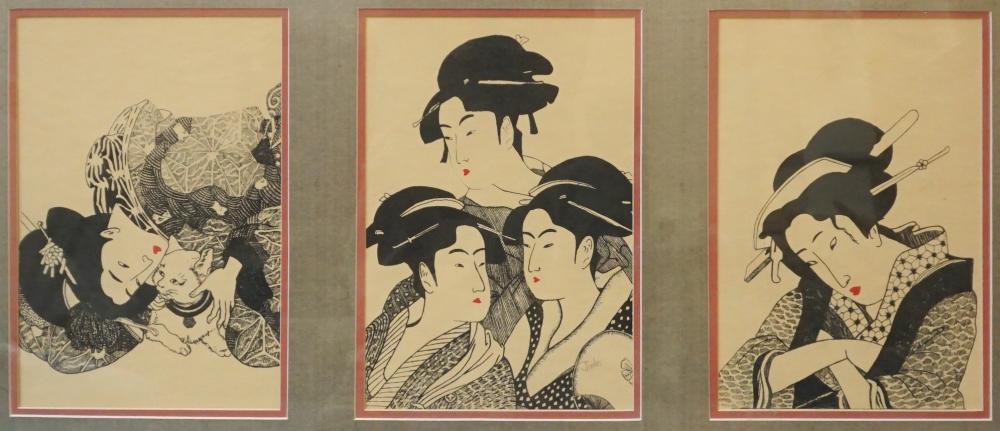 Appraisal: THREE JAPANESE WOODBLOCK PRINTS FRAMED AS ONE SIGNED JIMBO FRAME