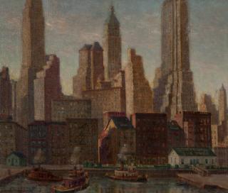 Appraisal: Charles Henry Drogkamp ''Lower Manhattan'' New York skyline with tugboats