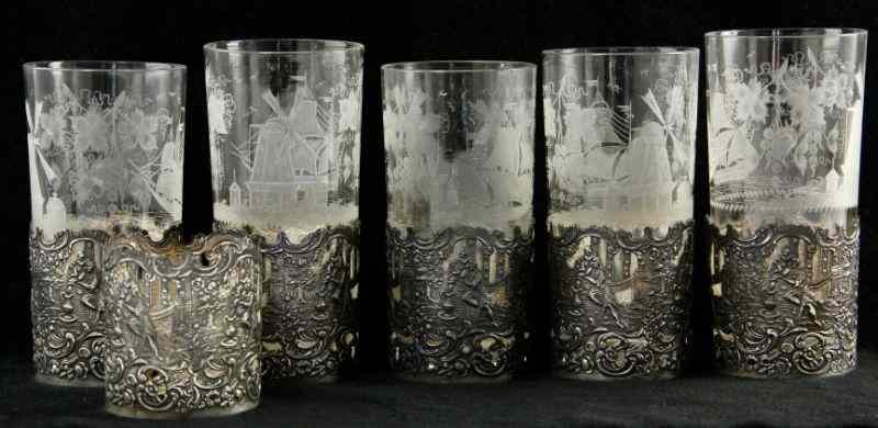 Appraisal: Set of Six Sterling Silver Glass Holderswith Dutch style etched