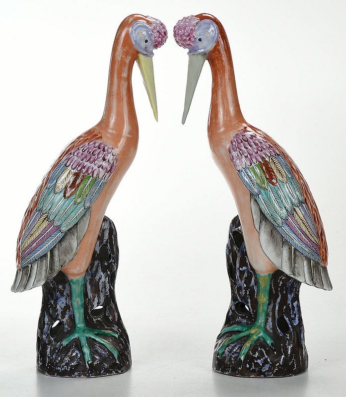 Appraisal: Pair of Chinese Export Enameled Porcelain Cranes late Qing dynasty