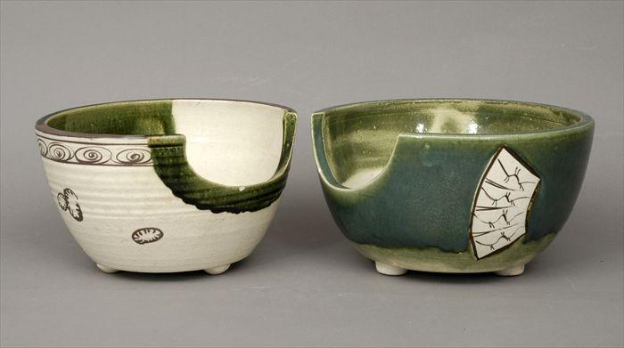 Appraisal: Two Japanese Oribe Green-Glazed Pottery Barber's Bowls in - in