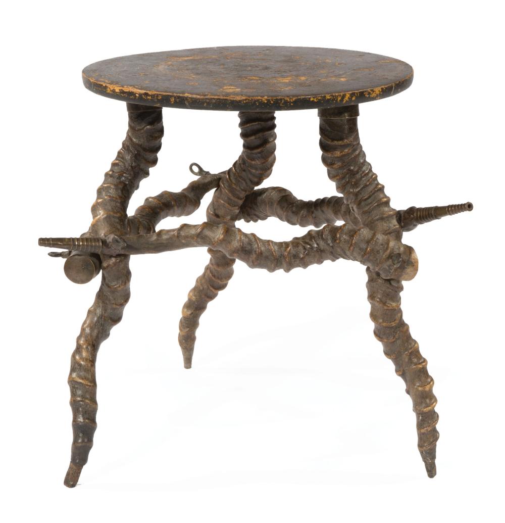 Appraisal: African Brass-Mounted Kudu Horn and Wood Tripod Stool or Drinks