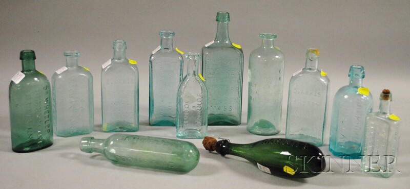 Appraisal: Twelve Aqua and Colored Molded Glass Bottles including a Schenck's