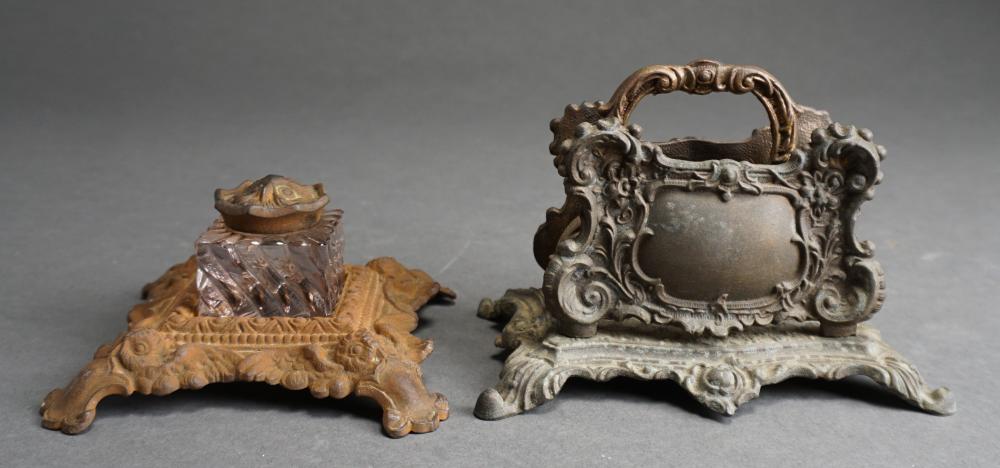 Appraisal: Victorian Patinated Metal Desk Organizer and Inkwell with Stand