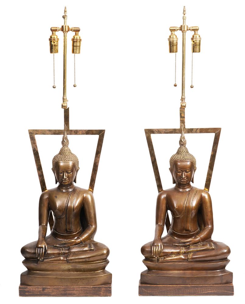 Appraisal: Pr Vintage Bronze Buddha Lamps Pair of vintage 's bronze