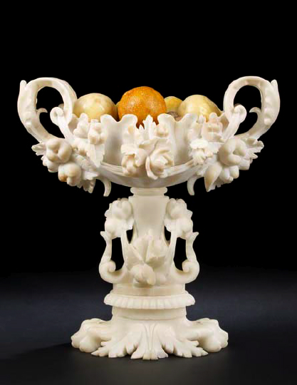 Appraisal: Italian Exuberantly Carved Alabaster Two-Handled Oval Centerpiece first quarter th