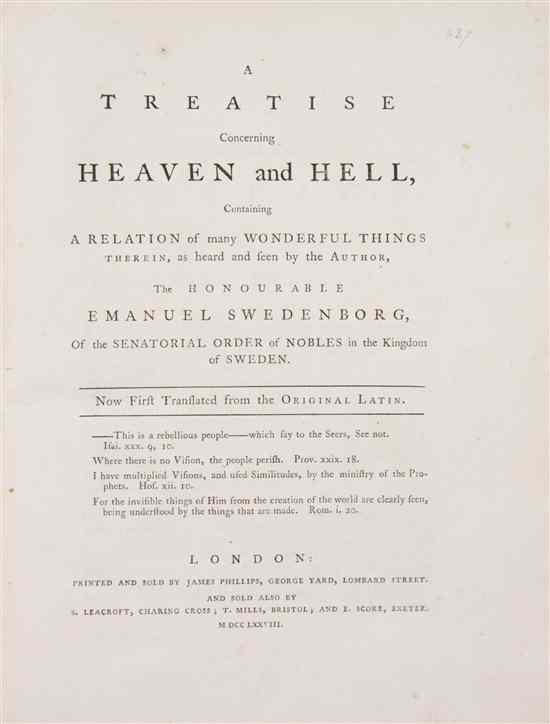 Appraisal: THEOLOGY SWEDENBORG EMANUEL A Treatise Concerning Heaven and Hell London