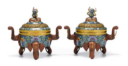 Appraisal: Impressive pair of Chinese gilt-metal and cloisonne tripod elephant censers