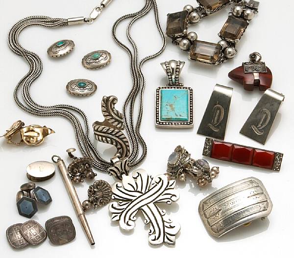 Appraisal: A collection of silver jewelry and objects