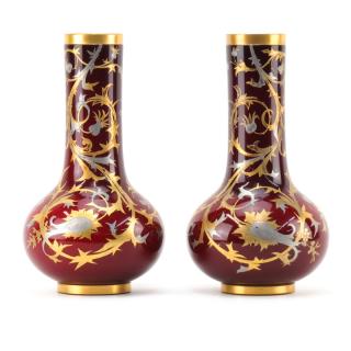 Appraisal: Pair of Antique French Rouge Opaline Glass Gilt Hand Painted