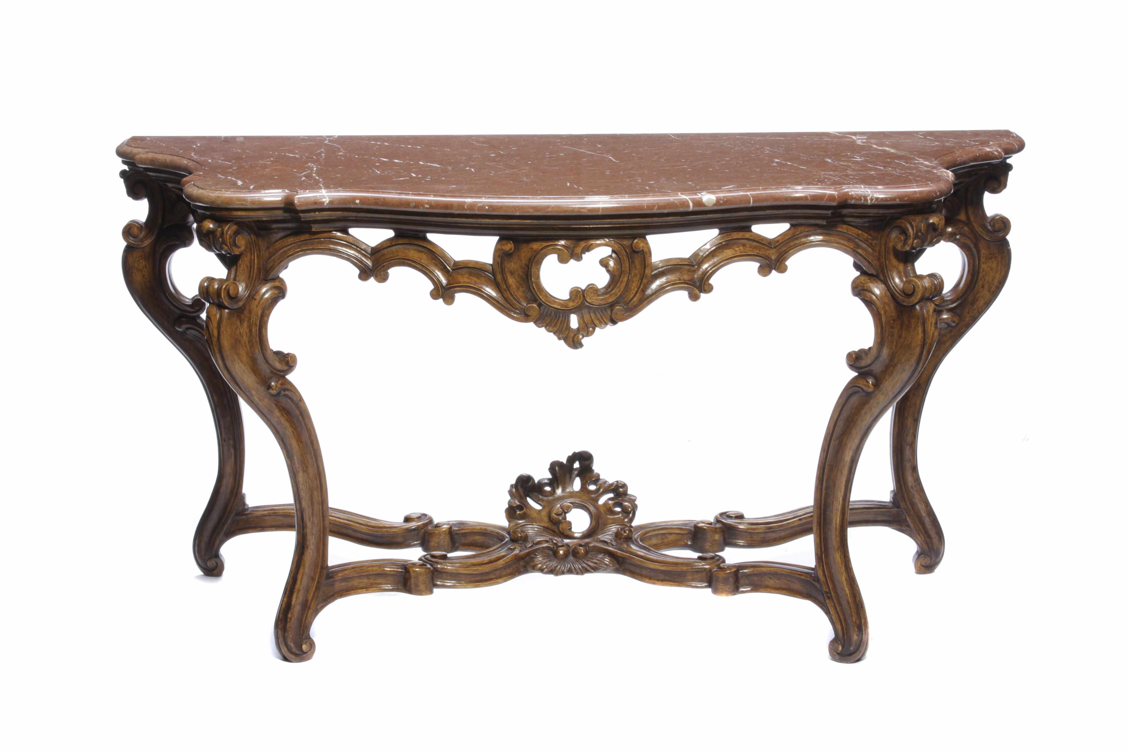 Appraisal: A pair of Italian Rococo style stained walnut consoles height