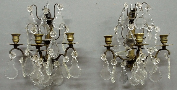 Appraisal: - Pair of brass wall sconces with glass prisms As