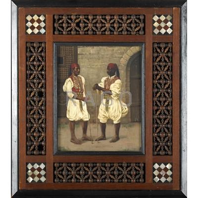 Appraisal: ORIENTALIST PAINTING ON PANEL Oil on wood panel of two