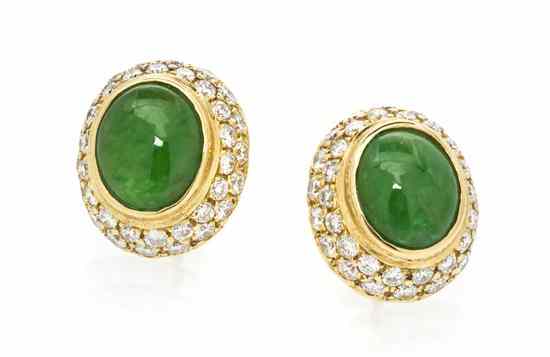 Appraisal: A Pair of Karat Yellow Gold Jade and Diamond Earrings