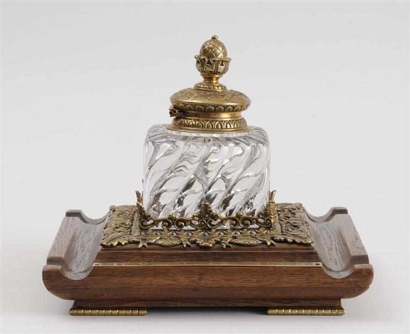 Appraisal: LOUIS PHILIPPE GILT-METAL MOUNTED OAK INKSTAND WITH GLASS WELL The