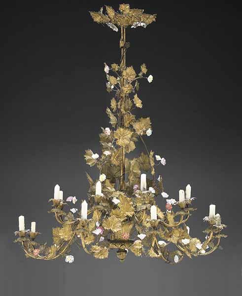 Appraisal: A Fine French Gilded T le and Enameled Chandelier late