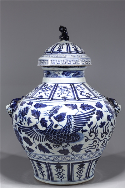 Appraisal: Large Chinese blue and white covered porcelain vessel with animal