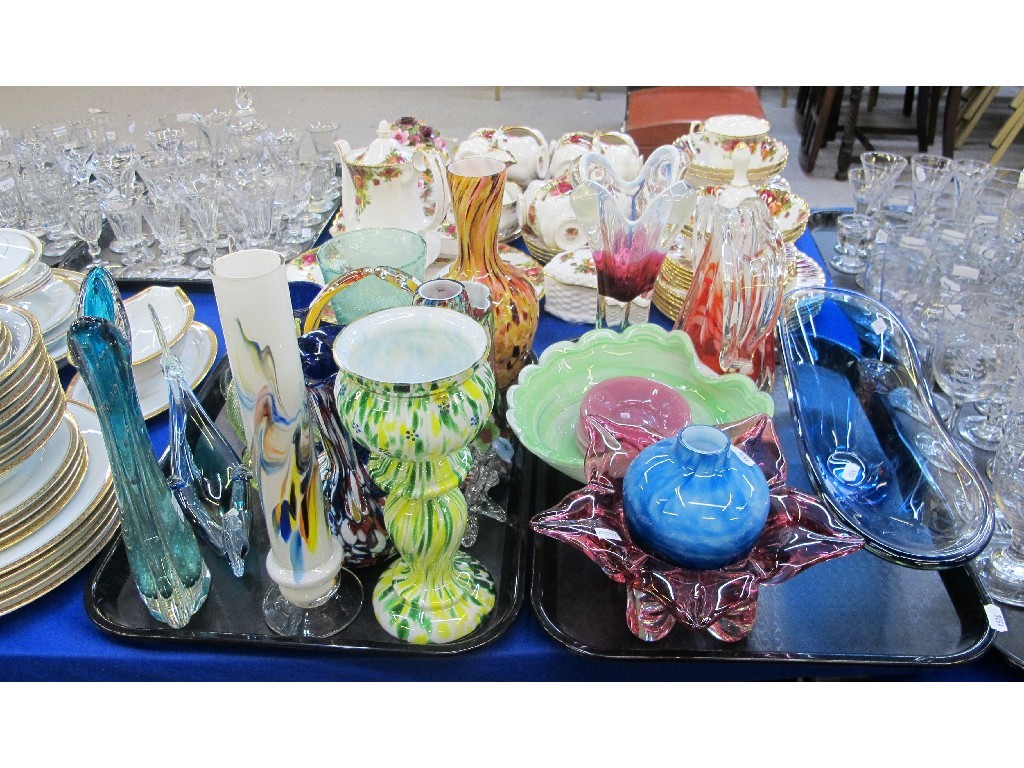 Appraisal: Two trays of coloured decorative glassware including uranium glass and