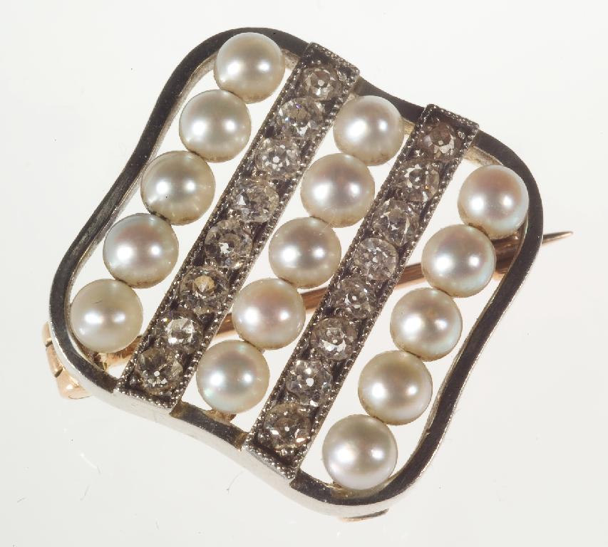 Appraisal: EDWARDIAN PEARL AND DIAMOND BROOCH c composed of three rows