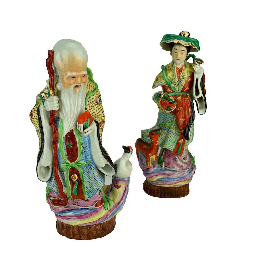 Appraisal: Chinese Porcelain Shou Xing and Lady Figures Contemporary Chinese Porcelain