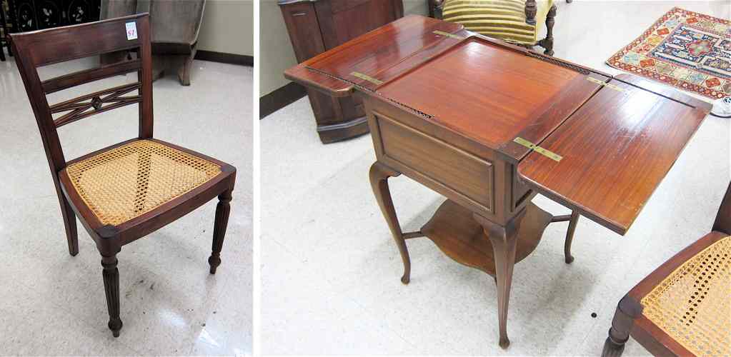 Appraisal: MAHOGANY WORK TABLE AND SIDE CHAIR The square table's top