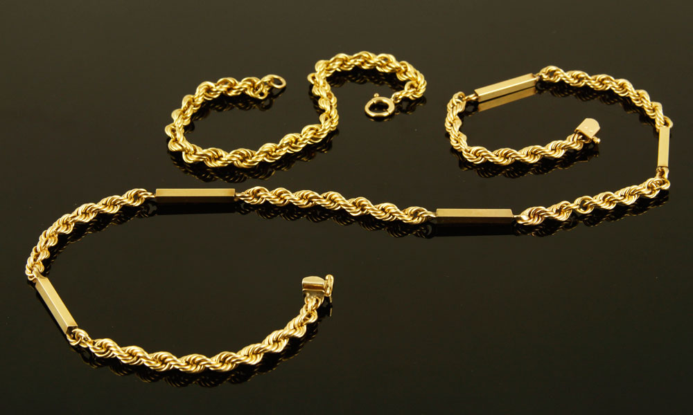 Appraisal: - K Gold Rope Chain and Bracelet K yellow gold