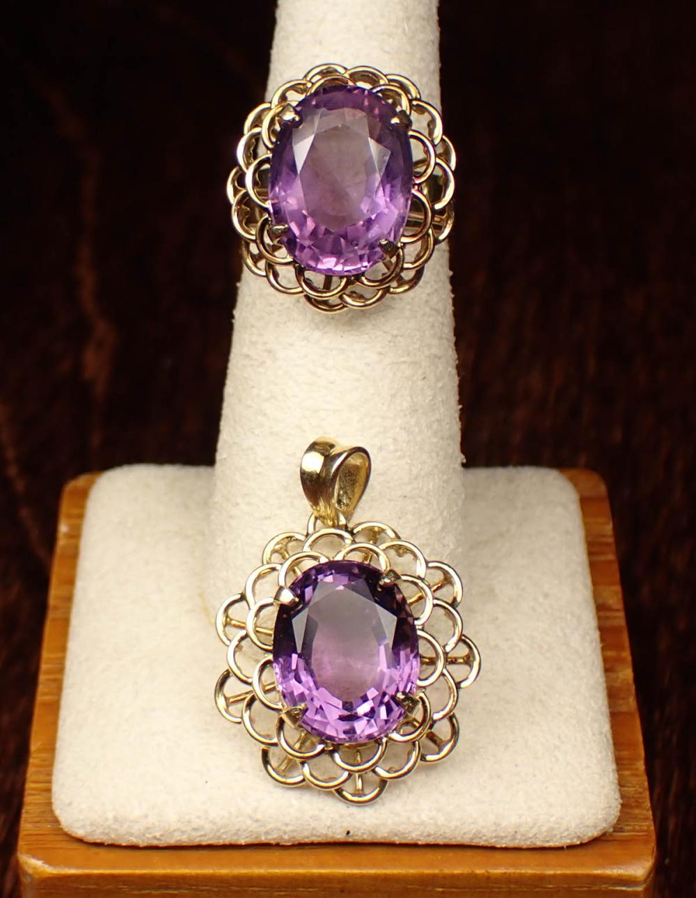 Appraisal: AMETHYST AND YELLOW GOLD RING AND PENDANT SET including a